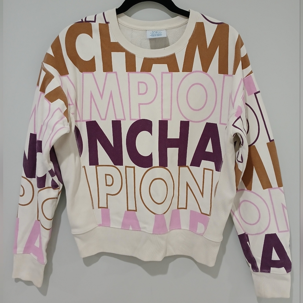Champion Women's Reverse Weave Crew Neck Sweater Big Block Text Logo Sz S